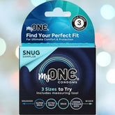 The packaging for the myONE "Snug" Condom Sampler, under the ONE brand, prominently features the text "Find Your Perfect Fit." It offers three sizes—super snug, extra snug, and snug—and includes a FitKit measuring tool. Made with Sensatex latex, the design in blue and black is adorned with circular patterns.